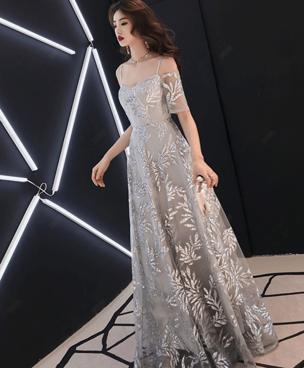 Gray Tulle Lace Long Prom Dress Gray Lace Evening Dress