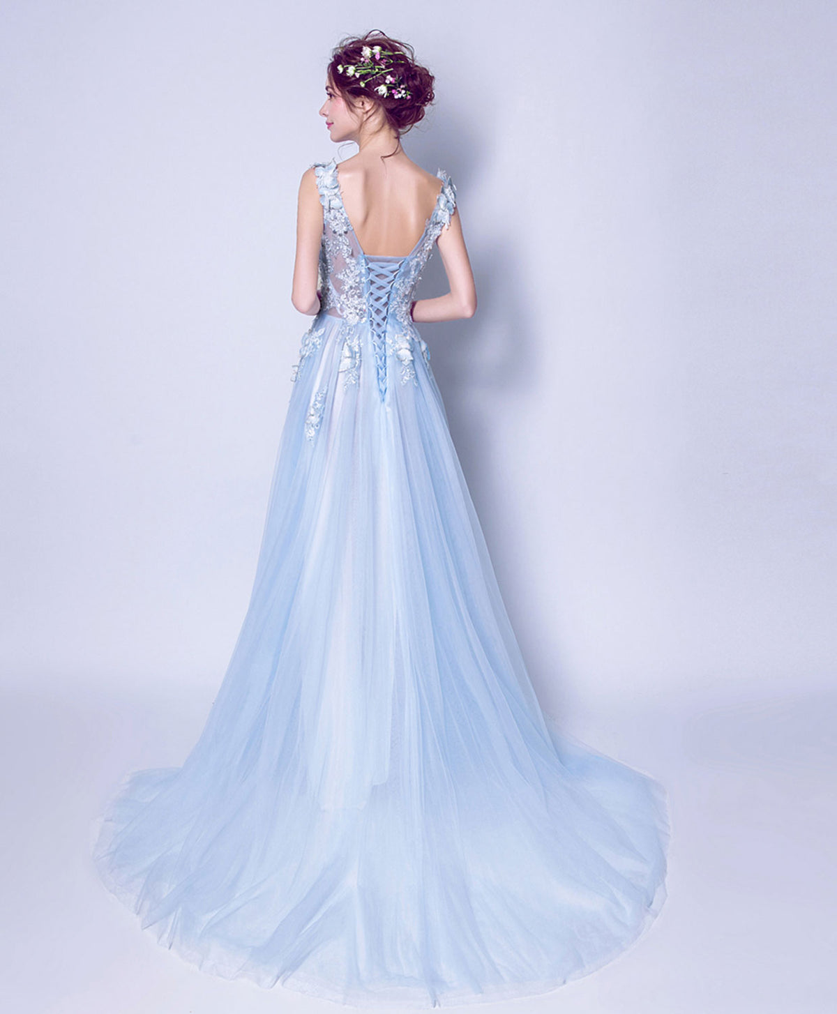 Blue V Neck Lace Tulle Long Prom Dress, Lace Evening Dress