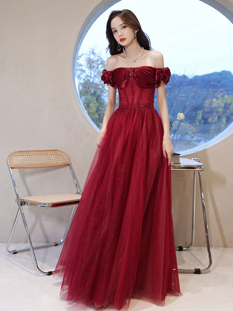 Burgundy Off Shoulder Tulle Long Prom Dress, Burgundy Formal Dresses