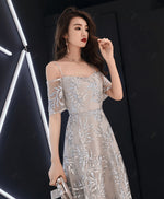 Gray Tulle Lace Long Prom Dress Gray Lace Evening Dress