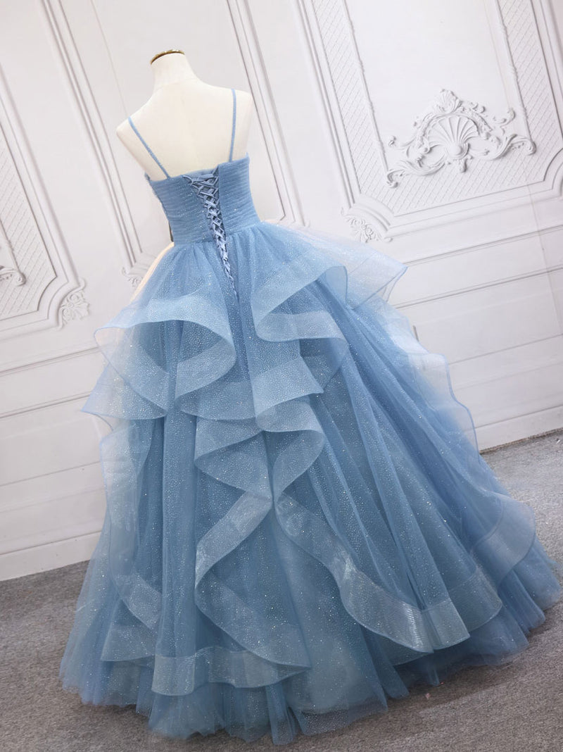 Blue Tulle Long Prom Dresses, Blue Tulle Formal Dresses Sweet 16 Dress