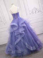 Purple v neck Tulle Long Prom Dress, Purple Sweet 16 Dress