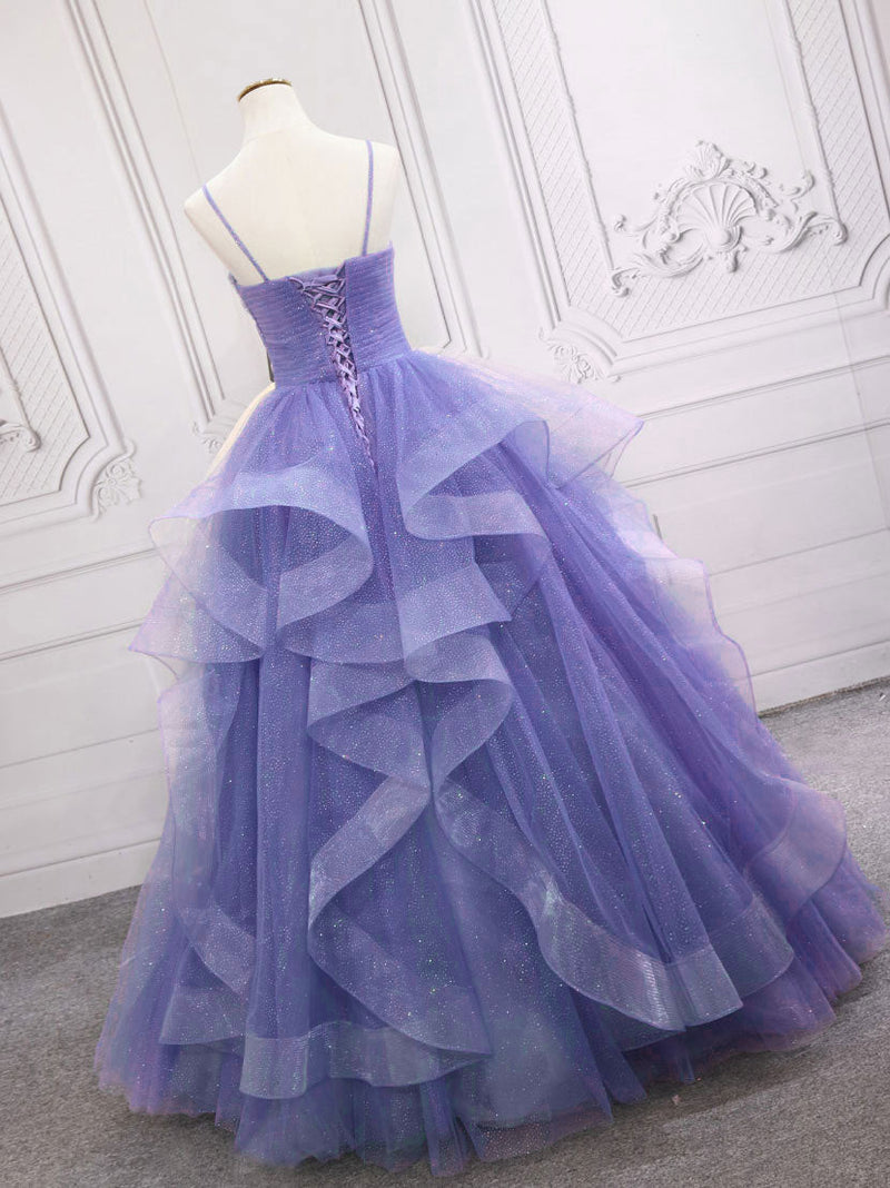 Purple v neck Tulle Long Prom Dress, Purple Sweet 16 Dress shopluu Purple v neck Tulle Long Prom Dress, Purple Sweet 16 Dress shopluu