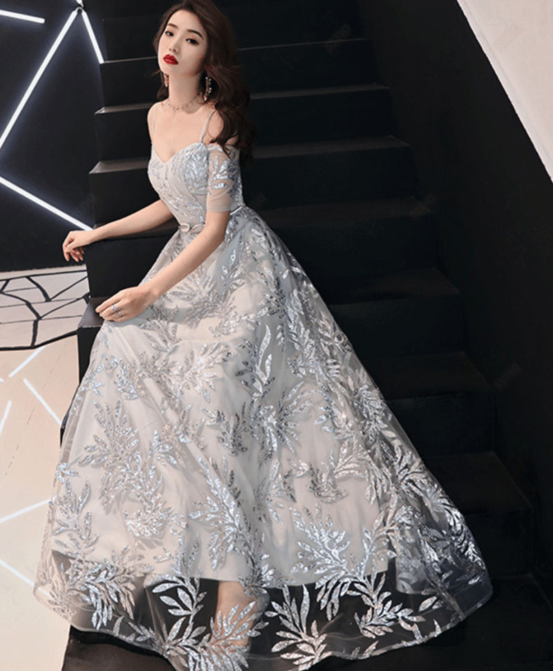 Gray Tulle Lace Long Prom Dress Gray Lace Evening Dress