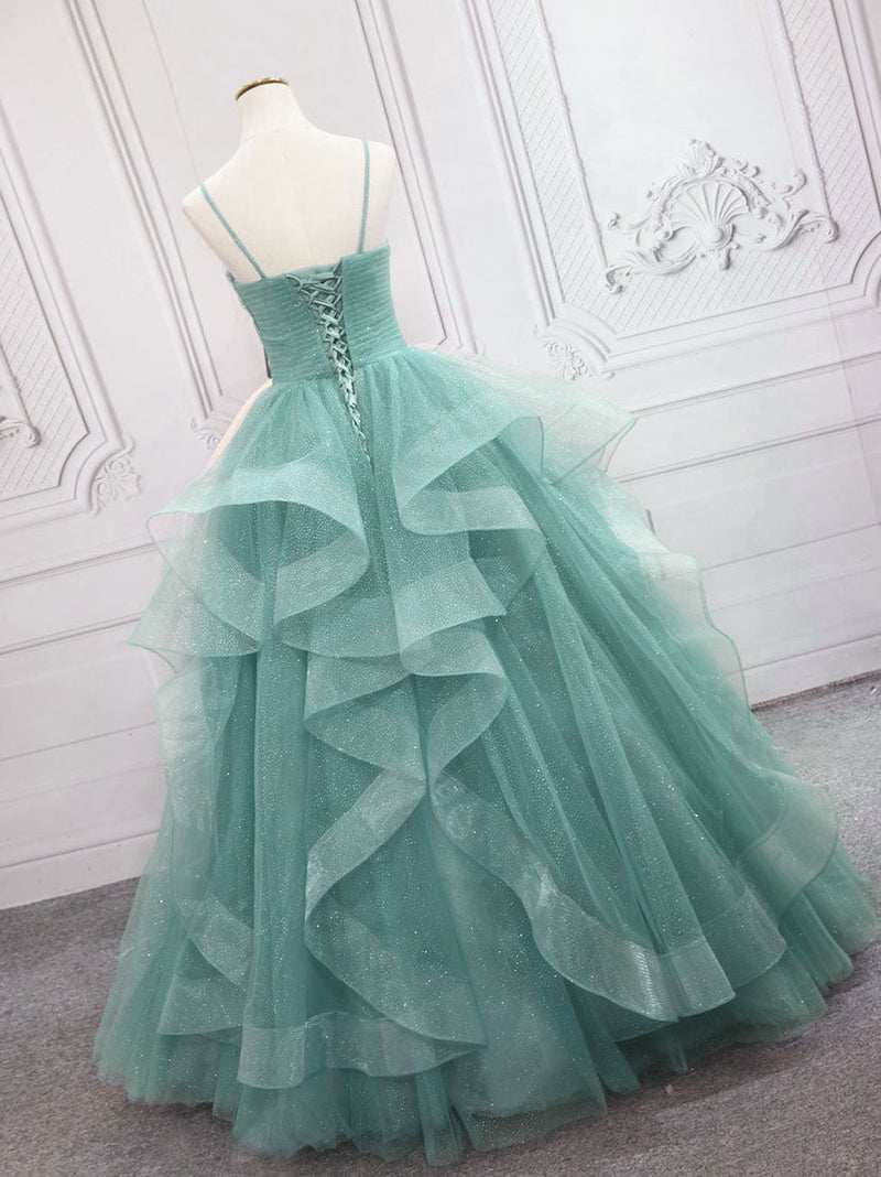 Green V Neck Tulle Long Prom Dress, Green Sweet 16 Dress