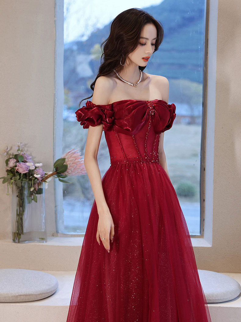 Burgundy Off Shoulder Tulle Long Prom Dress, Burgundy Formal Dresses