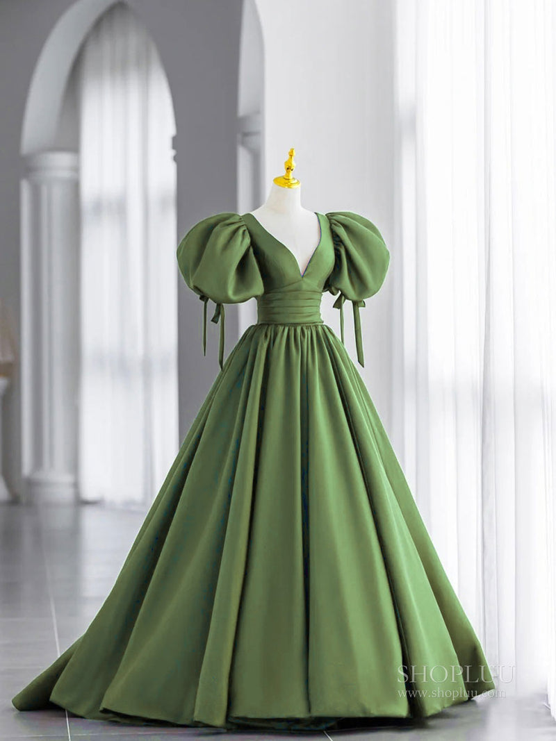 Simple V Neck Puffy Sleeves Satin Long Prom Dress, Satin Evening Dress US 2 / Custom Color Simple V Neck Puffy Sleeves Satin Long Prom Dress, Satin Evening Dress US 2 / Custom Color