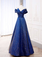 Simple Tulle Satin Dark Blue Long Prom Dress, Blue Formal Evening Dress