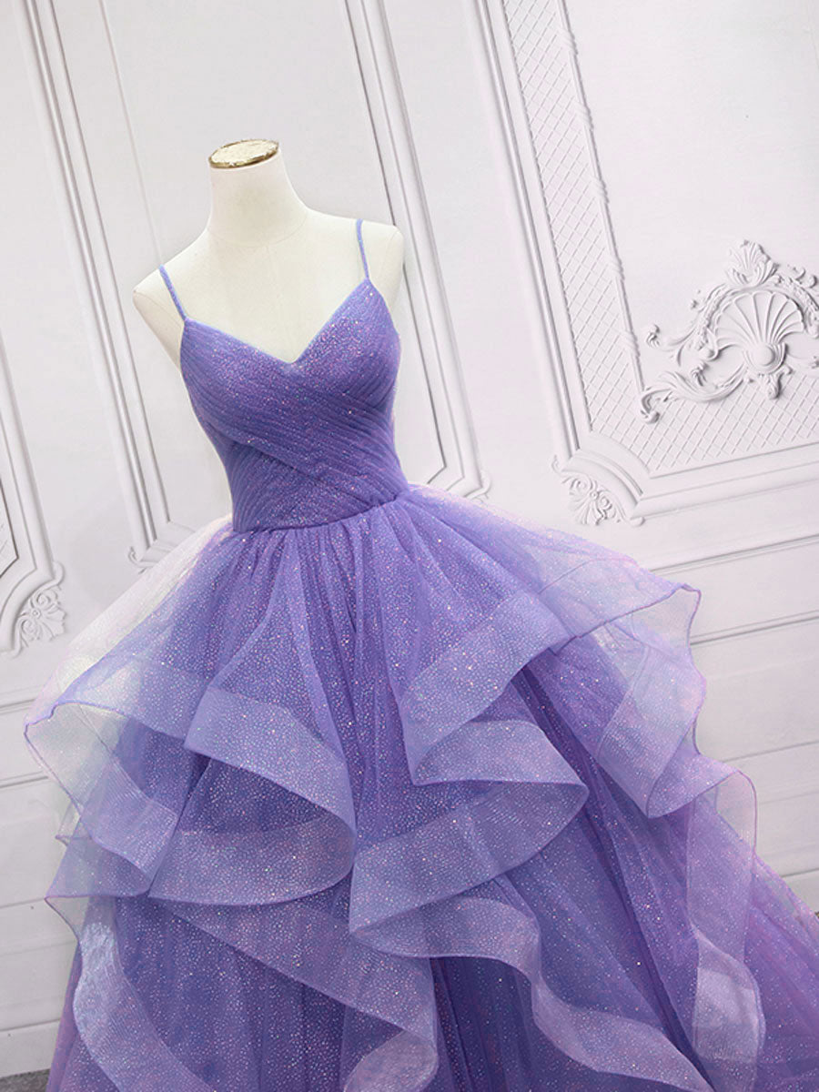 Purple v neck Tulle Long Prom Dress, Purple Sweet 16 Dress US 2 / Custom Color