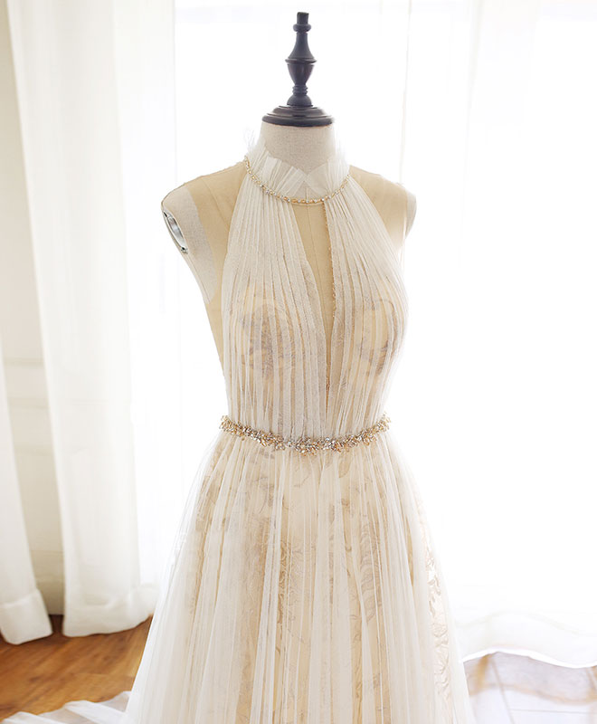 Champagne Tulle Lace Long Prom Dress, Champagne Evening Dress