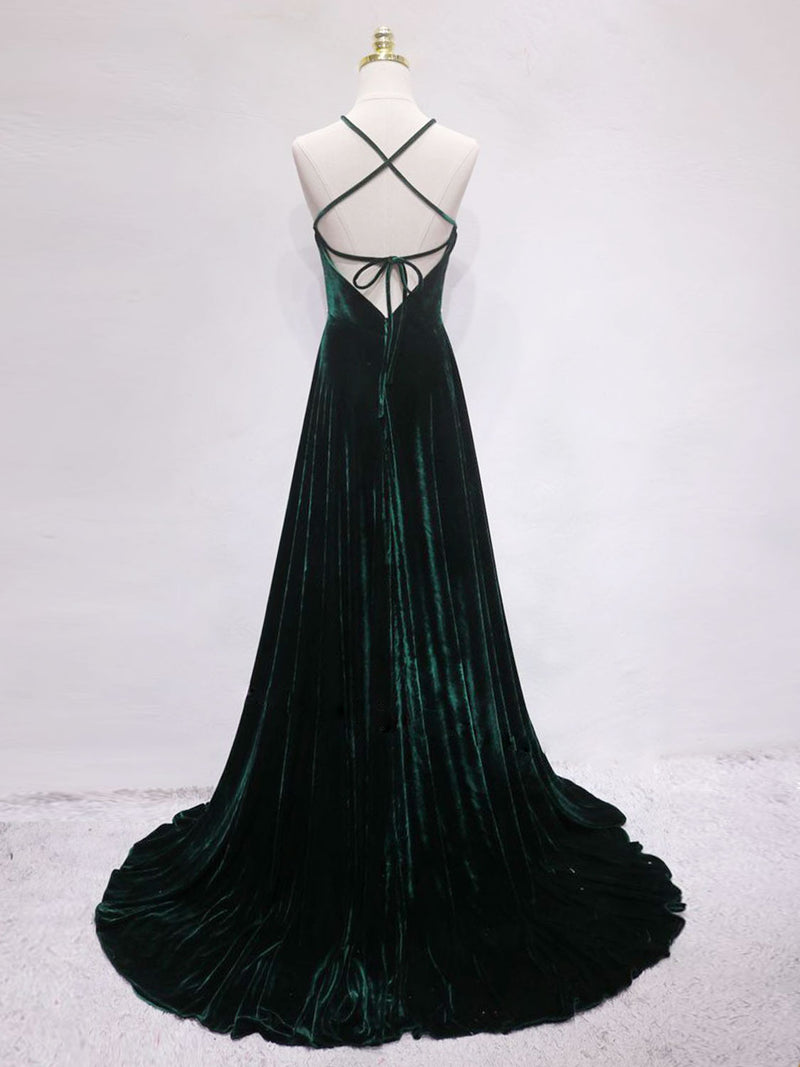 A-Line Backless Green Velvet Long Prom Dresses