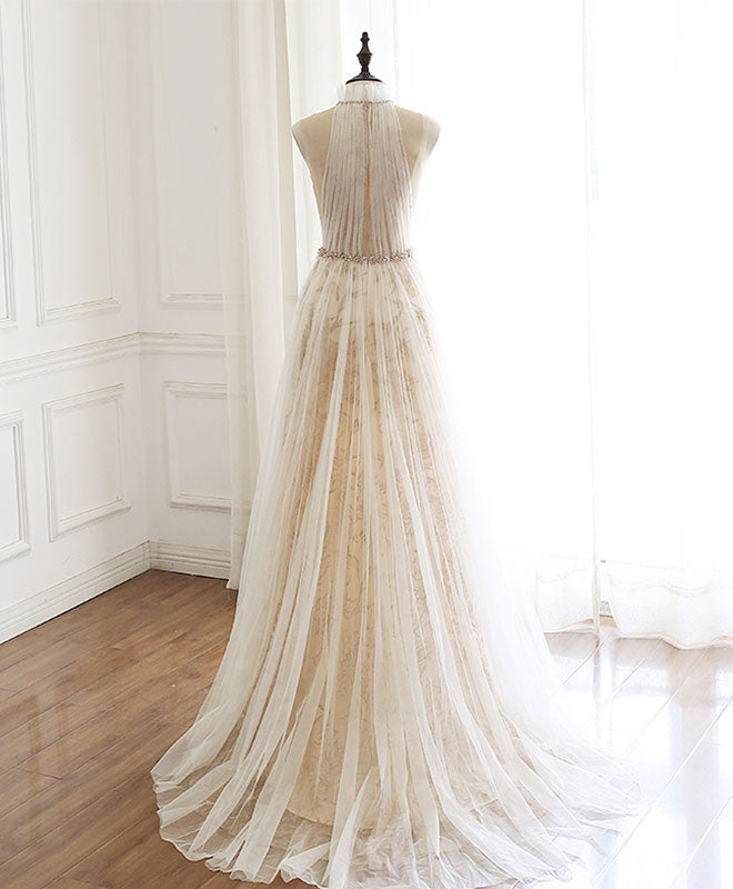 Champagne Tulle Lace Long Prom Dress, Champagne Evening Dress