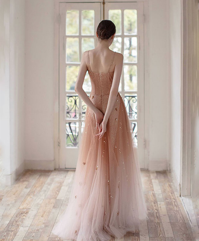 A-Line Pink Tulle Long Prom Dress, Tulle Pink Evening Dress