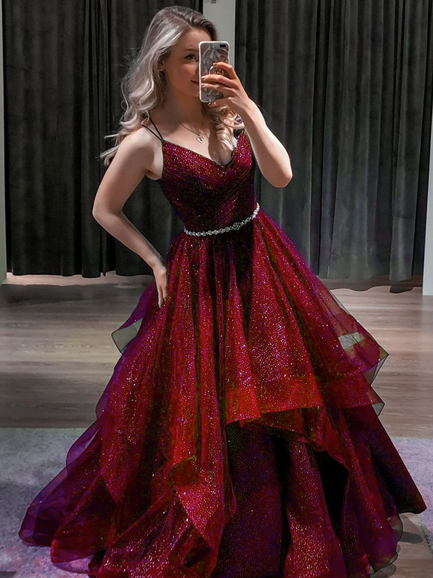 Blue V Neck Tulle Sequin Long Prom Dress Blue Formal Dress