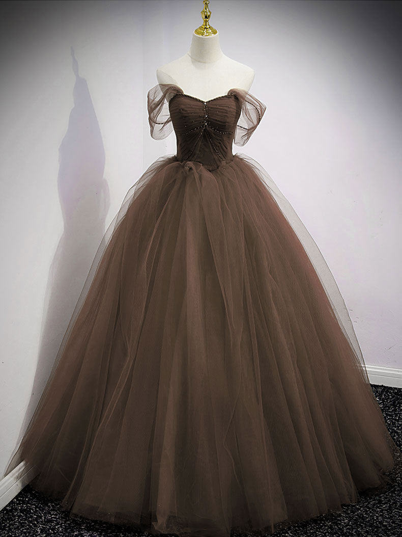 A-Line Sweetheart Off Shoulder Lace Long Prom Dress, Tulle Formal Dresses