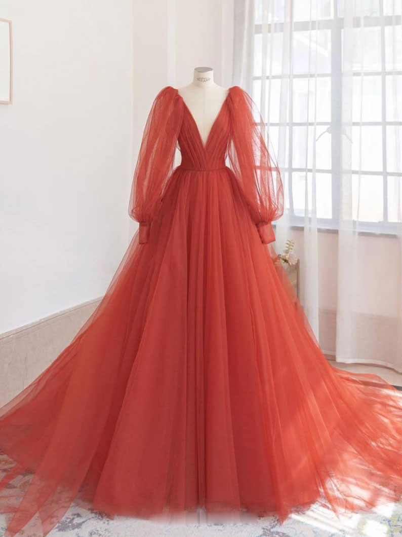 Blue V Neck Tulle Long Prom Dress Blue Tulle Evening Dress