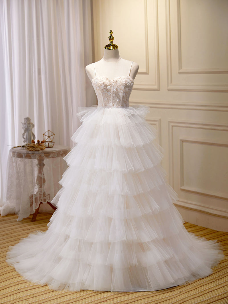 Ball-Gown/Princess Tulle White Long Prom Dresses With Beading Flower Cascading Ruffles