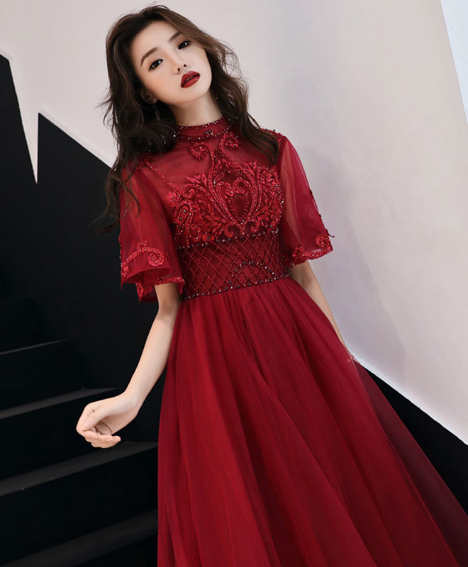 Burgundy Tulle Lace Long Prom Dress, Burgundy Evening Dress