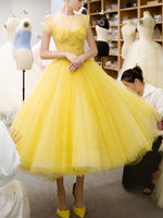 Yellow Tulle Beads Short Prom Dress, Puffy Yellow Homecoming Dress