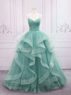 Green V Neck Tulle Long Prom Dress, Green Sweet 16 Dress