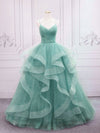 Green V Neck Tulle Long Prom Dress, Green Sweet 16 Dress
