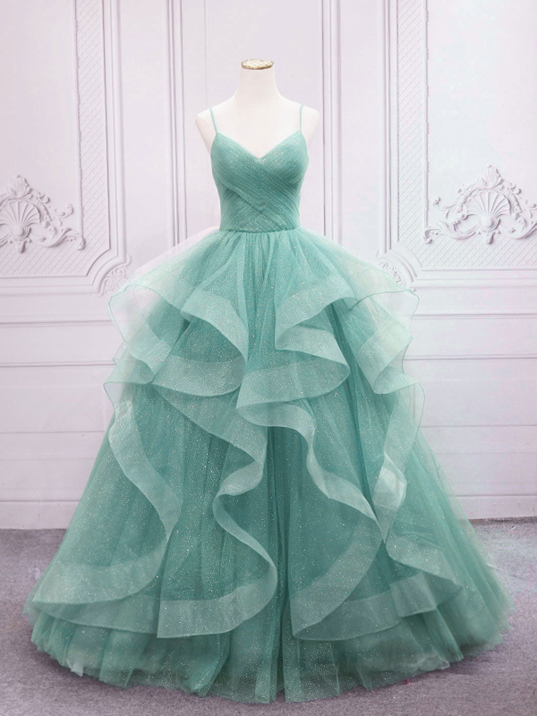 Quinceanera Dress Green V Neck Tulle Long Prom Dress Green Sweet Dress Teal / 4 Quinceanera Dress Green V Neck Tulle Long Prom Dress Green Sweet Dress Teal / 4