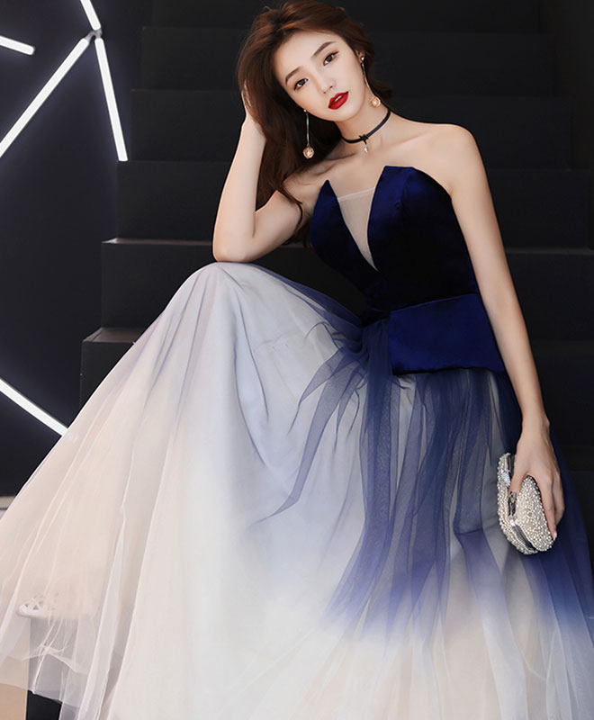 A-Line Tulle Dark Blue Long Prom Dress, Tulle Evening Dress