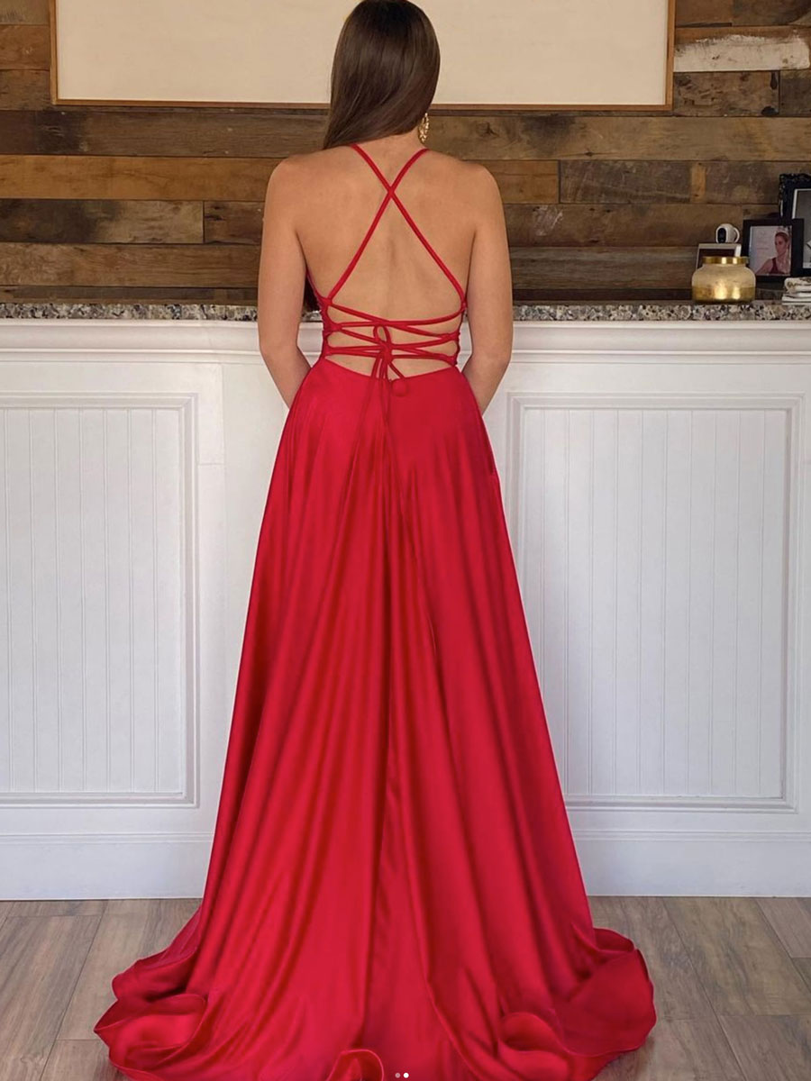 A Line V Neck Red High Slit Prom Dresses, V Neck Red Long Formal Graduation Dresses, US 8 / Red as Pics / No Rush A Line V Neck Red High Slit Prom Dresses, V Neck Red Long Formal Graduation Dresses, US 8 / Red as Pics / No Rush