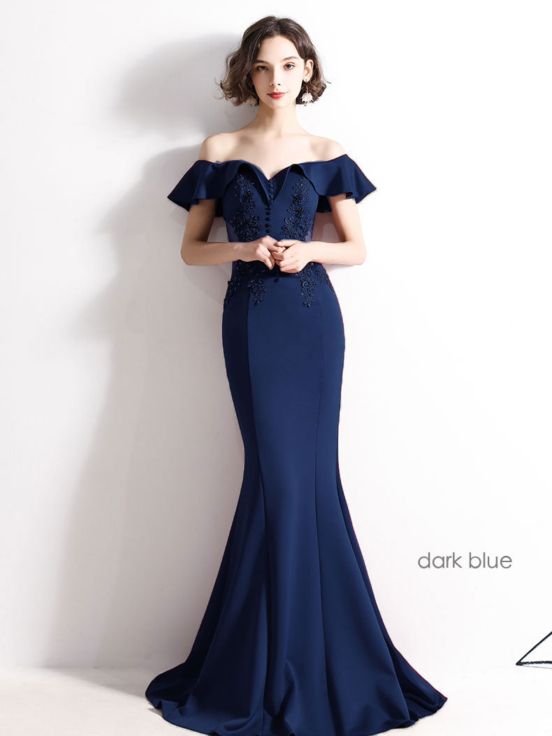 Burgundy Off Shoulder Satin Lace Long Prom Dress, Burgundy Evening Dresses