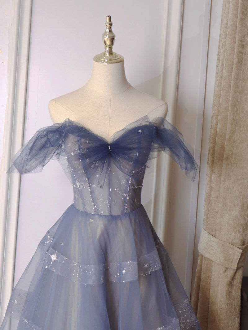 Blue Tulle Off Shoulder Long Prom dress, Blue A line Evening Dress
