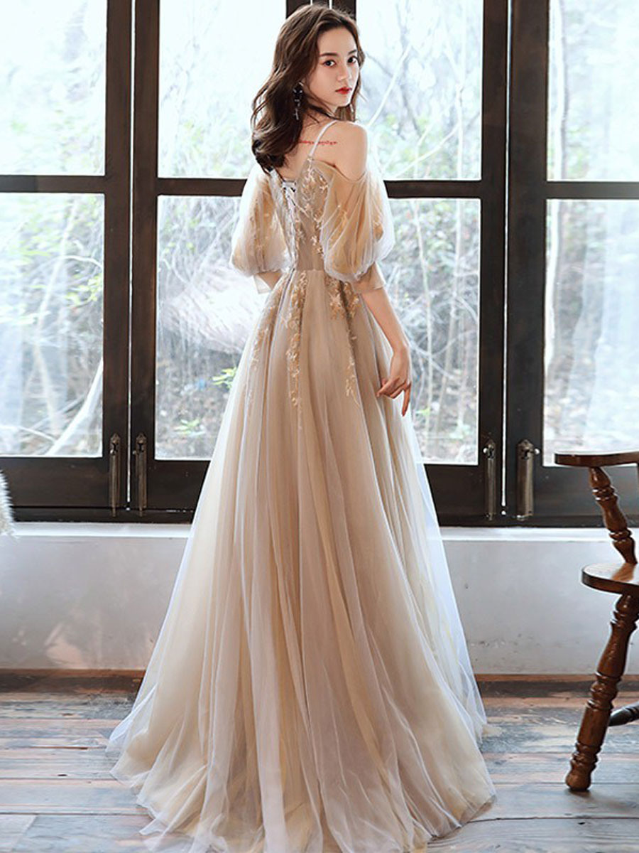 Champagne v neck tulle lace long prom dress champagne formal dress