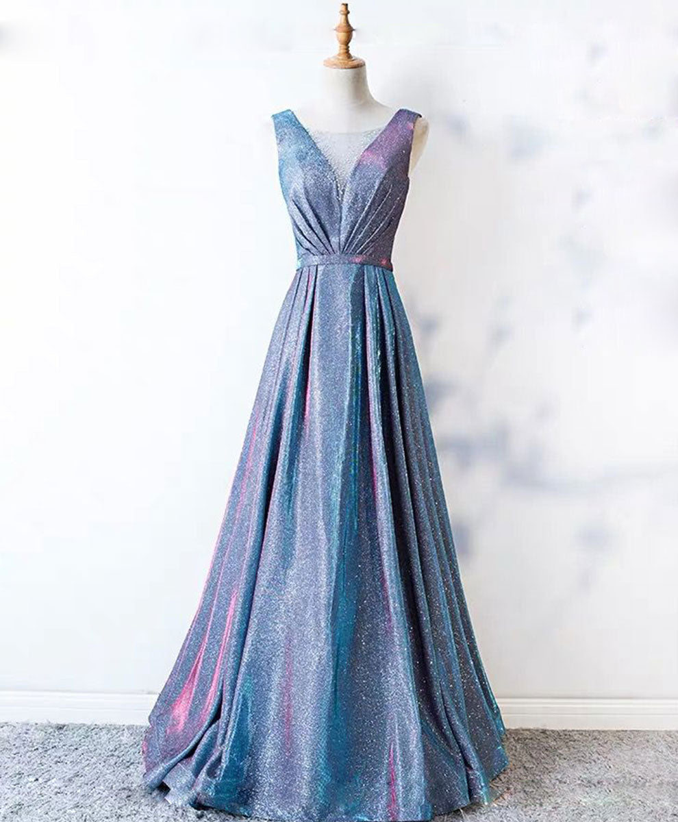 A-Line Blue Sequin Long Prom Dress Blue Formal Dress