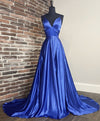 Simple V Neck Blue Satin Long Prom Dress Blue Formal Dress