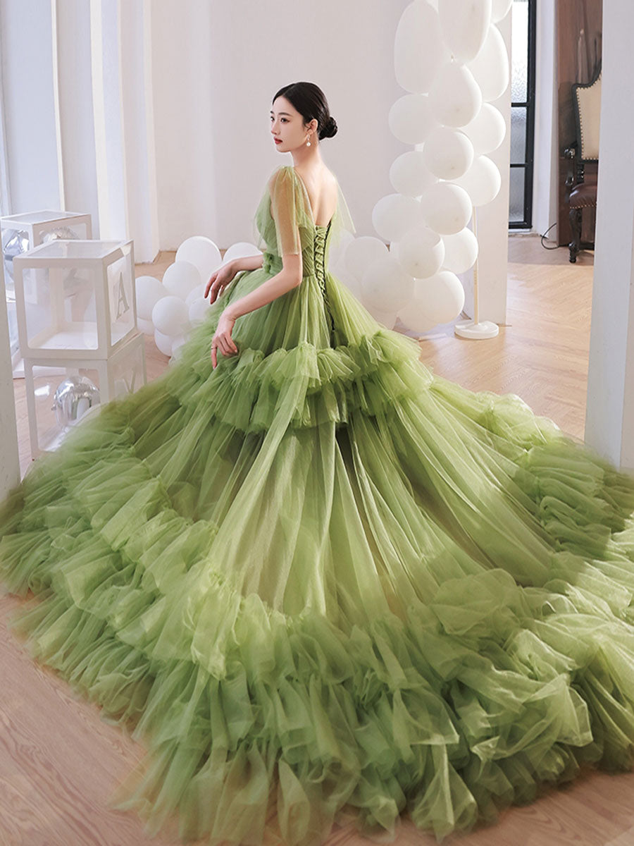 Green V Neck Tulle Long Prom Dress, Green Tulle Formal Dresses – shopluu