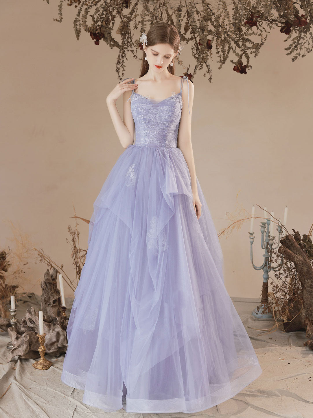 A-Line Tulle Lace Purple Long Prom Dresses, Purple Formal Evening Dres โ shopluu