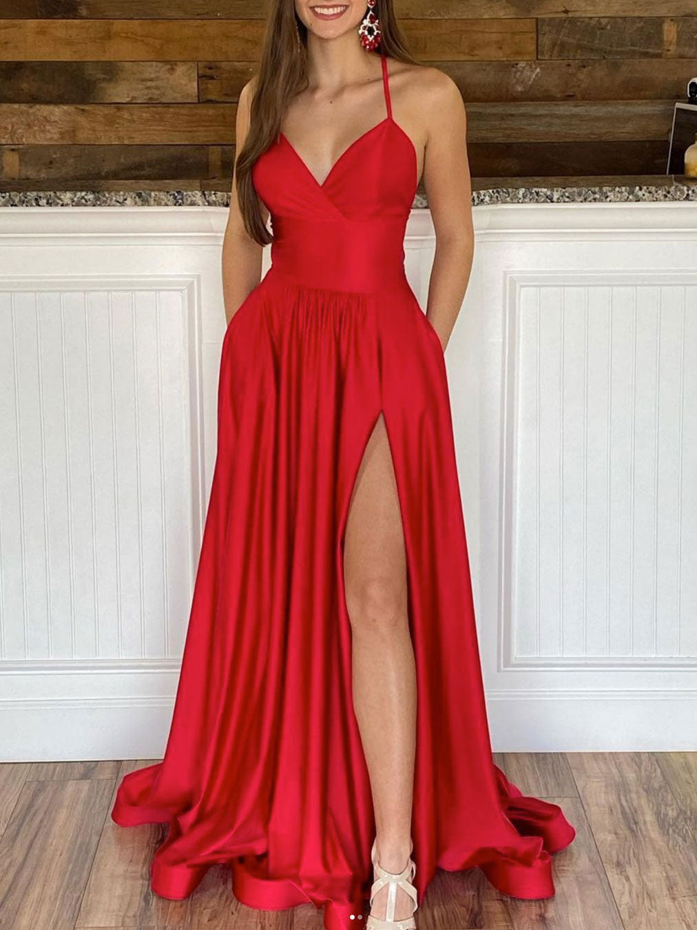 Red V Neck Satin Long Prom Dress, Red Formal Graduation Dresses – shopluu