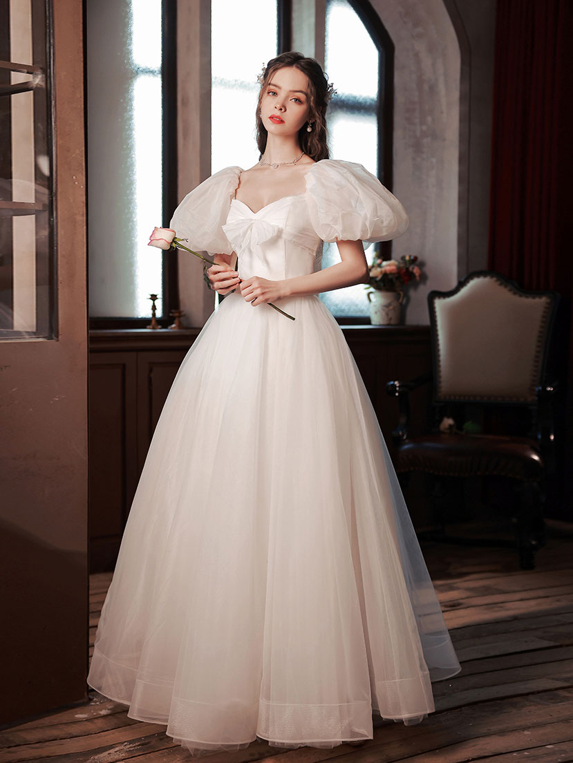 White Tulle Puffy Sleeves Long Prom Dress, White Tulle Sweet 16 Dresses US 6 / Custom Color White Tulle Puffy Sleeves Long Prom Dress, White Tulle Sweet 16 Dresses US 6 / Custom Color