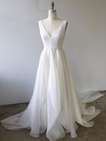 Simple White V Neck Tulle Long Prom Dress, White Evening Dress