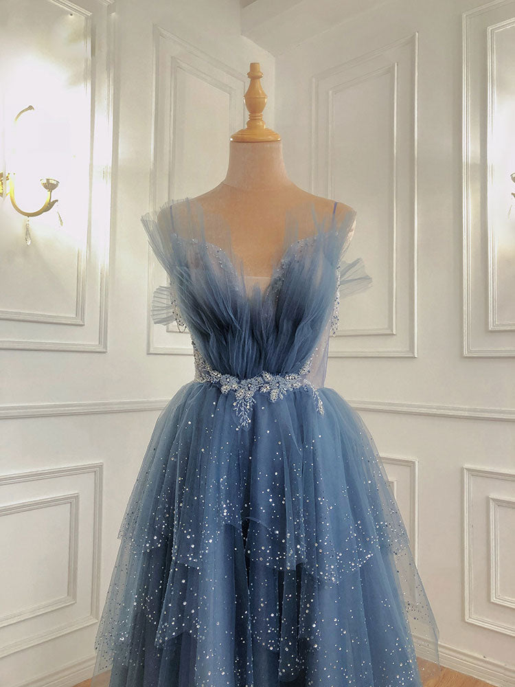 Gray Blue Tulle Beads Long Prom Dress, Blue Tulle Formal Dress