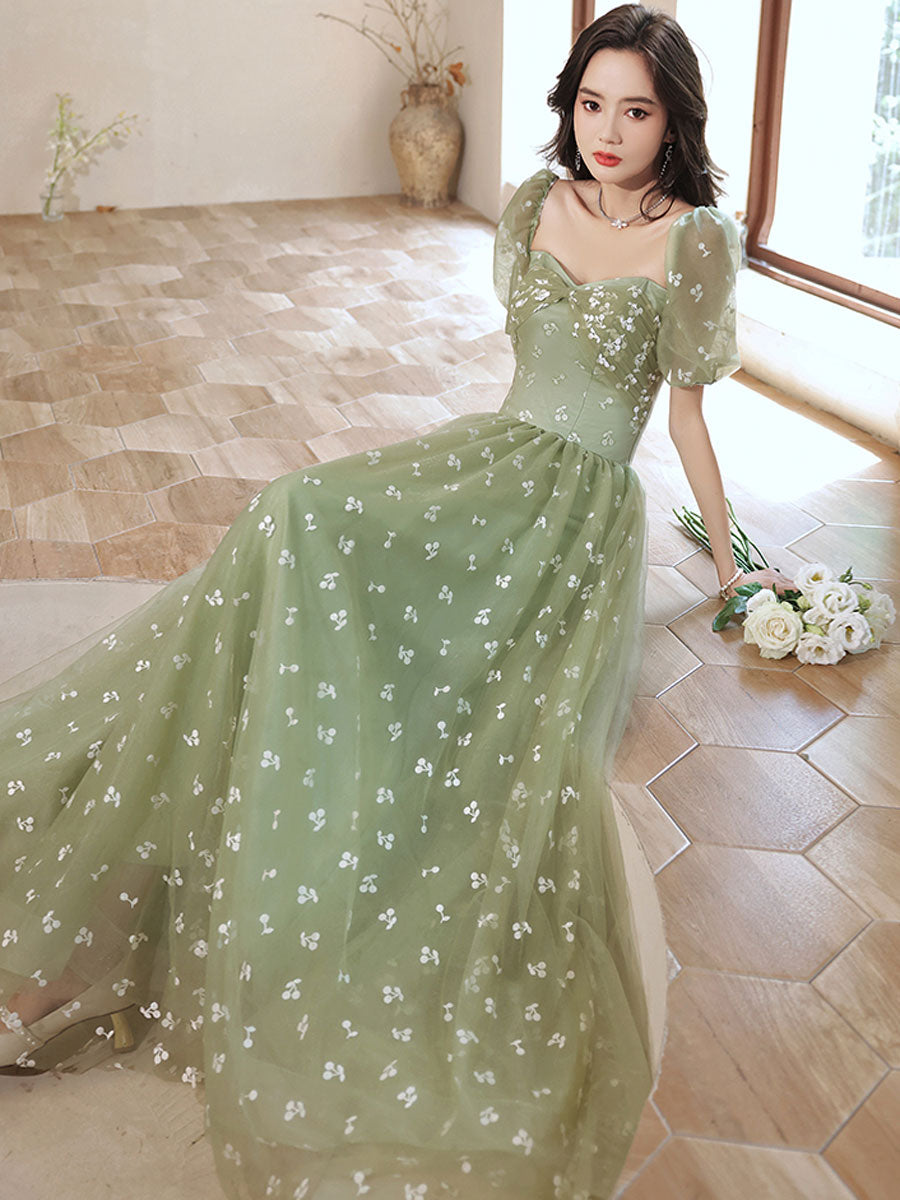 Green Tulle Long Prom Dress, Green A line Formal Graduation Dresses – shopluu