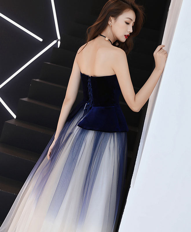 A-Line Tulle Dark Blue Long Prom Dress, Tulle Evening Dress