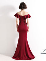 Burgundy Off Shoulder Satin Lace Long Prom Dress, Burgundy Evening Dresses