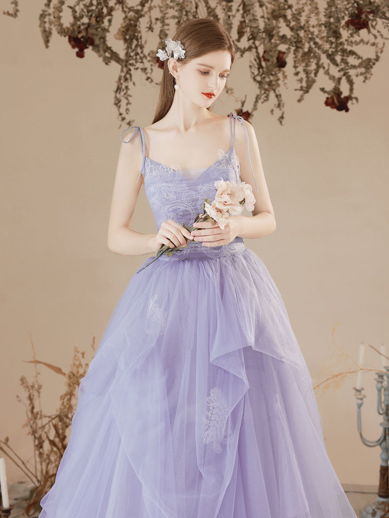 A-Line Tulle Lace Purple Long Prom Dresses, Purple Formal Evening Dres – shopluu