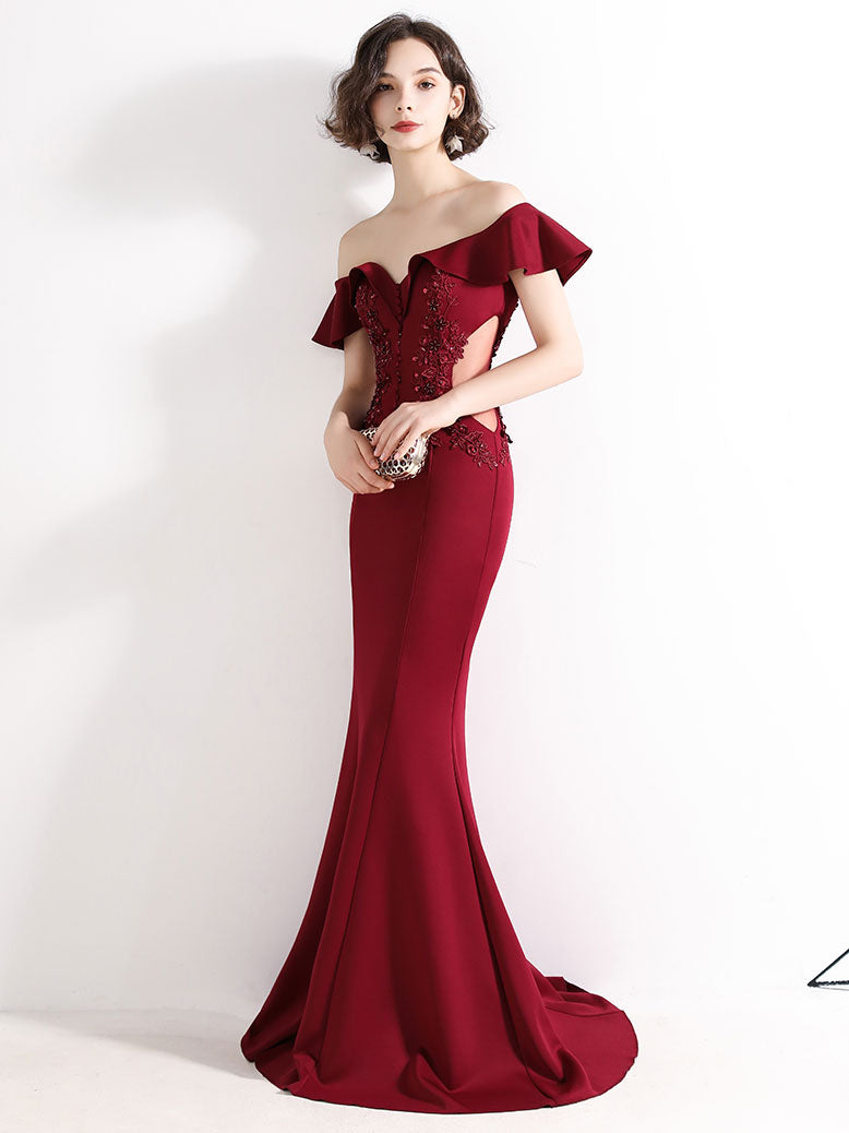 Burgundy Off Shoulder Satin Lace Long Prom Dress, Burgundy Evening Dresses