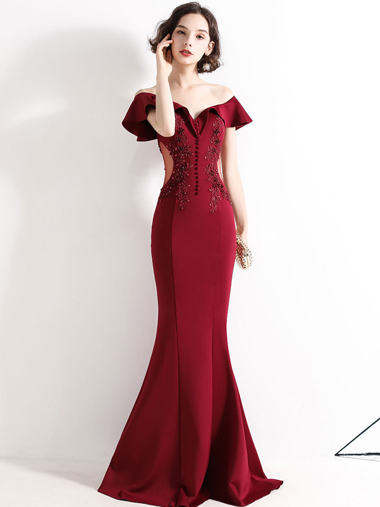 Burgundy Off Shoulder Satin Lace Long Prom Dress, Burgundy Evening Dresses