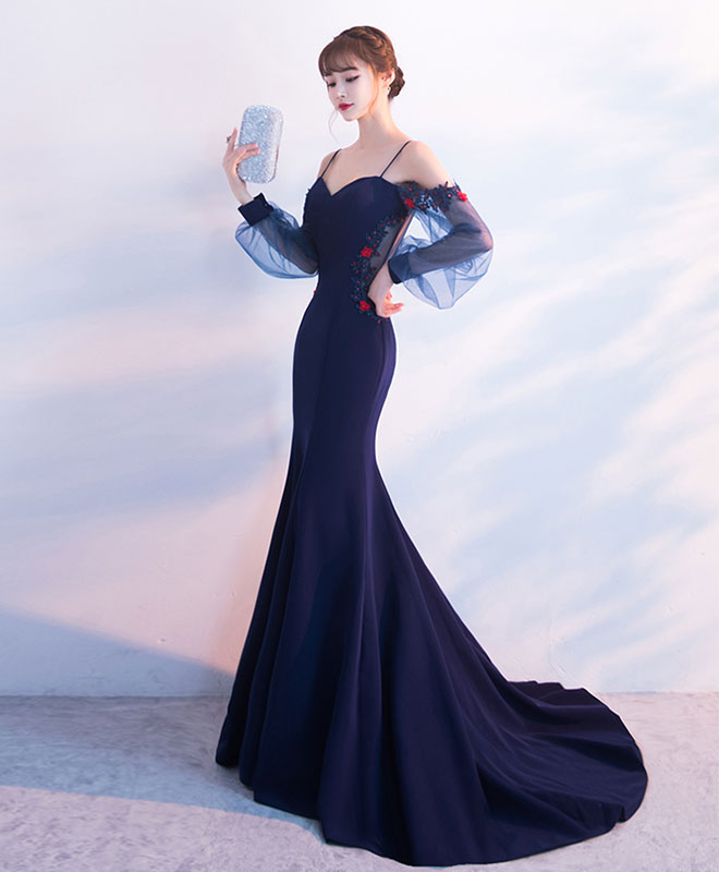 Dark Blue Lace Mermaid Long Prom Dress Blue Evening Dress