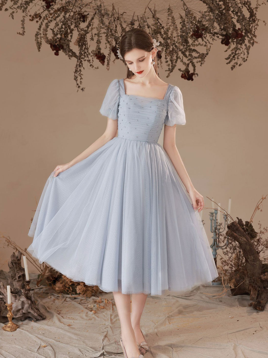 gray homecoming dresses Gray Tulle Pearl Short Prom Dress, Cute Short Sleeve Party Dress US 2 / Gray