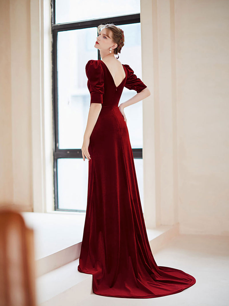 Burgundy velvet  mermaid long prom dress, burgundy evening dress