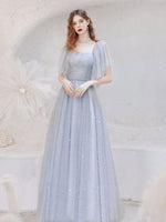 A-Line Square Neckline Tulle Gray Long Prom Dress, Gray Formal Dresses