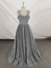 Gray Sweetheart Neck Tulle Lace Long Prom Dress Blue Formal Dress